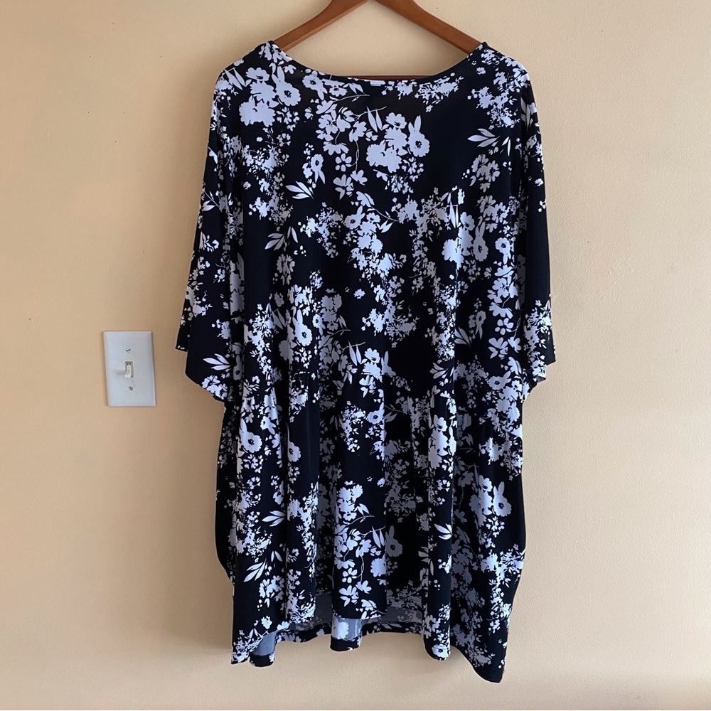 Ulla Popken Black White Floral Tunic Top Babydoll Pockets Plus Size 36/38 - Picture 3 of 12